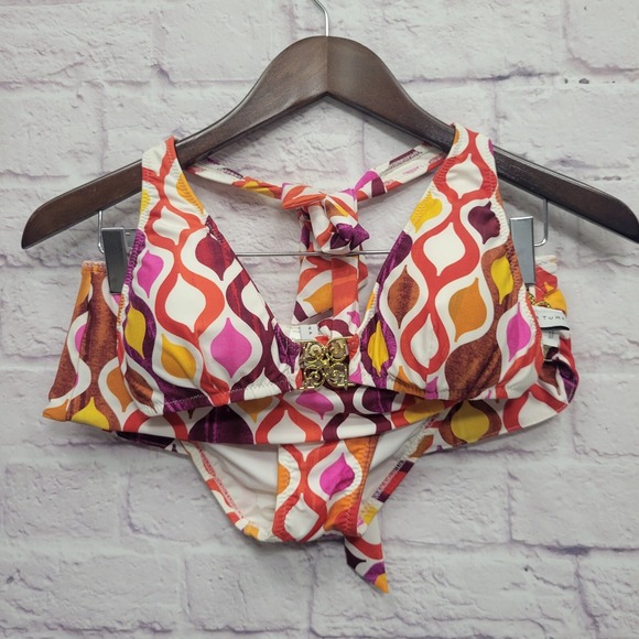 Trina Turk Ogee Bandeau Hipster Retro Halter Bikini Gold Accent Swimsuit Sz 6/4 - Picture 1 of 10